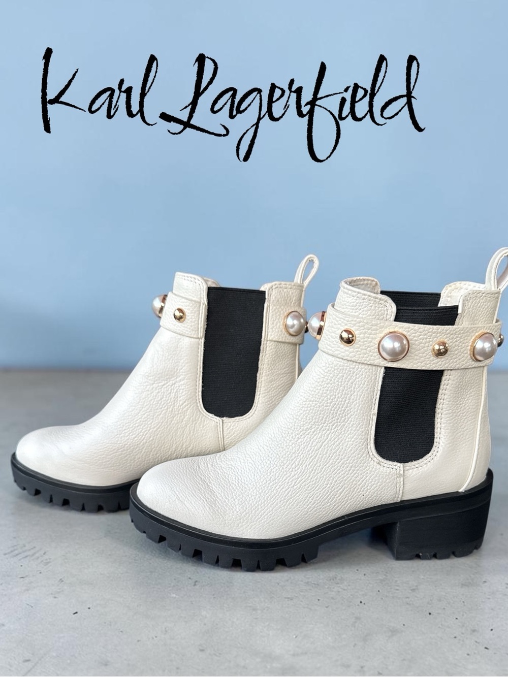 Karl Lagerfeld Paris POLAH2T Chelsea Boots Size 6M White Pearl Stud Lug Sole